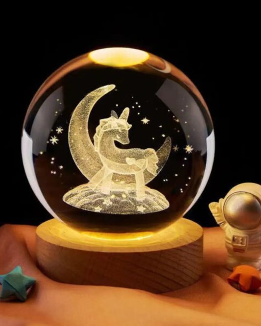 Lampara de mesa, esfera de cristal 3D - UNICORNIO -