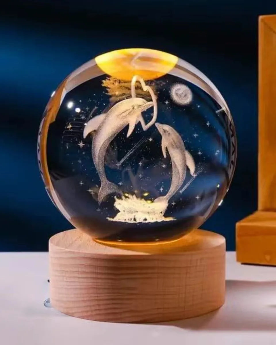 Lampara de mesa, esfera de cristal 3D -DELFÍN -