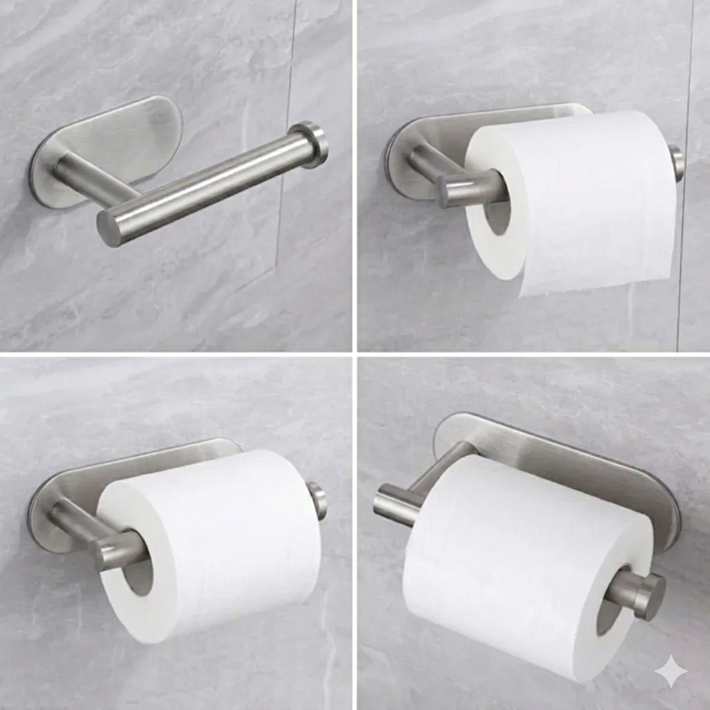 Porta rollo papel higiénico. Sin perforación, instalación fácil